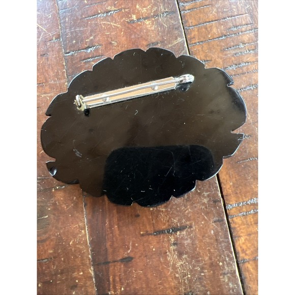 Bakelite Large Black Brooch Floral Carved Detailed Pierced Pin - Picture 9 of 13